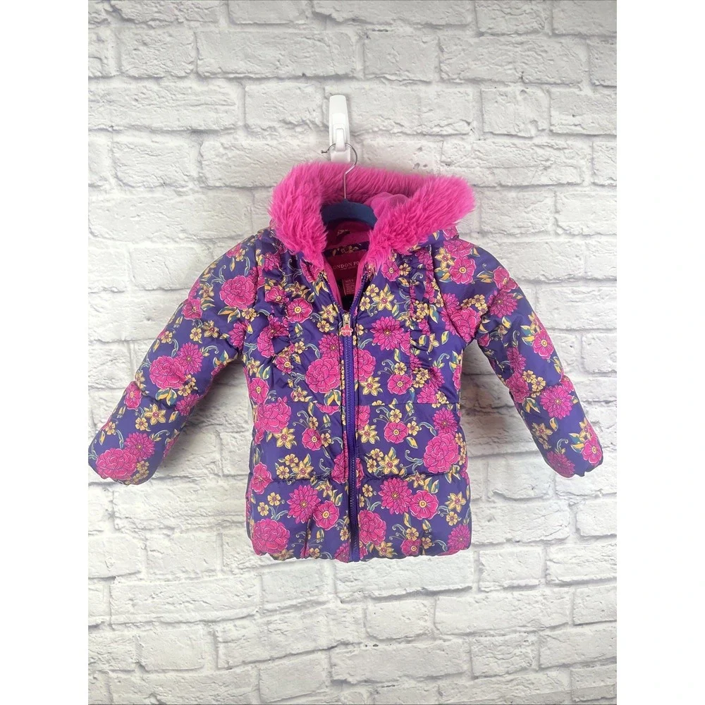 London Fog Girls Kids Floral Faux Fur Hooded Puffer Winter Coat Jacket Size 5-6